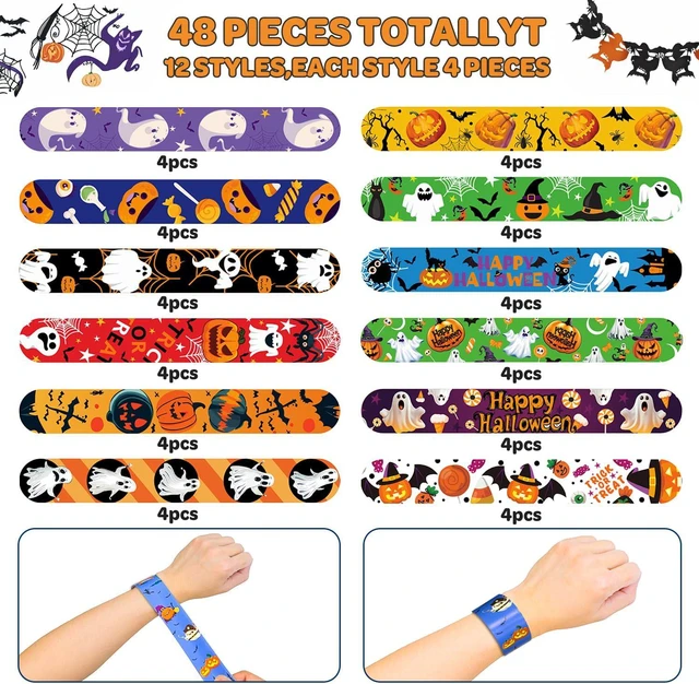 Alt view image 4 of 6 - 48 Pcs Halloween Slap Bracelets, 12 Styles for Halloween Party Favors, Assorted Bulk Pumpkin Zombie Witches Snap Bracelet Wristbands for Kids Halloween Party Gift Bag Filler Supply