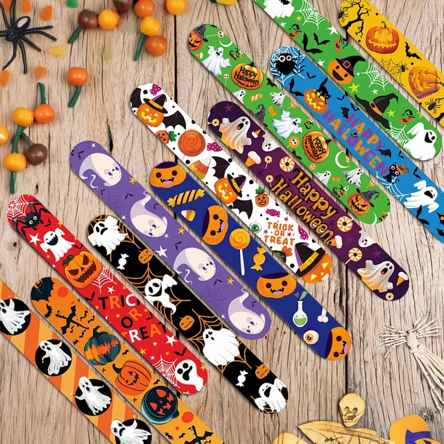 Alt view image 2 of 6 - 48 Pcs Halloween Slap Bracelets, 12 Styles for Halloween Party Favors, Assorted Bulk Pumpkin Zombie Witches Snap Bracelet Wristbands for Kids Halloween Party Gift Bag Filler Supply