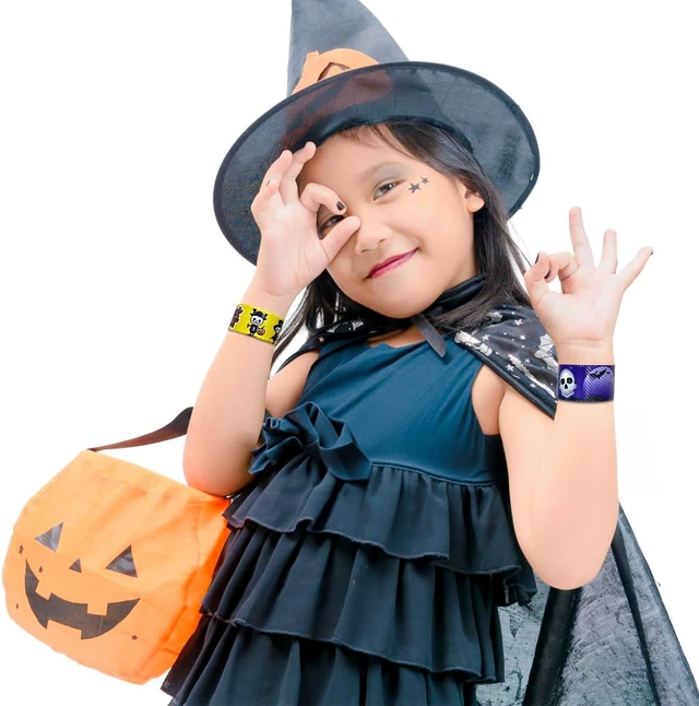 Alt view image 6 of 6 - 48 Pcs Halloween Slap Bracelets, 12 Styles for Halloween Party Favors, Assorted Bulk Pumpkin Zombie Witches Snap Bracelet Wristbands for Kids Halloween Party Gift Bag Filler Supply