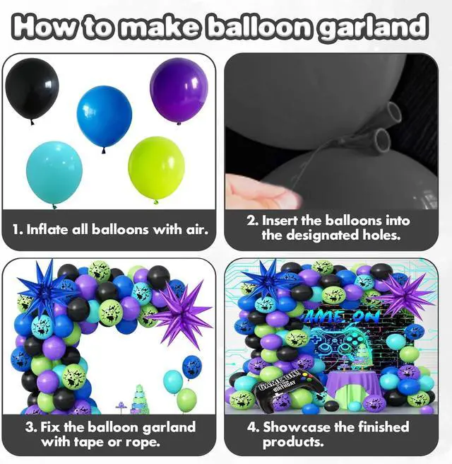 Alt view image 6 of 6 - 120 Pcs Video Game Balloon Garland Arch Kit, Black Blue Purple Light Green Balloons For Cartoon Gaming Night Themed Birthday Decorations Boys Kids Gatherings Party Supplies