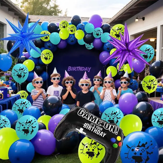 Alt view image 5 of 6 - 120 Pcs Video Game Balloon Garland Arch Kit, Black Blue Purple Light Green Balloons For Cartoon Gaming Night Themed Birthday Decorations Boys Kids Gatherings Party Supplies