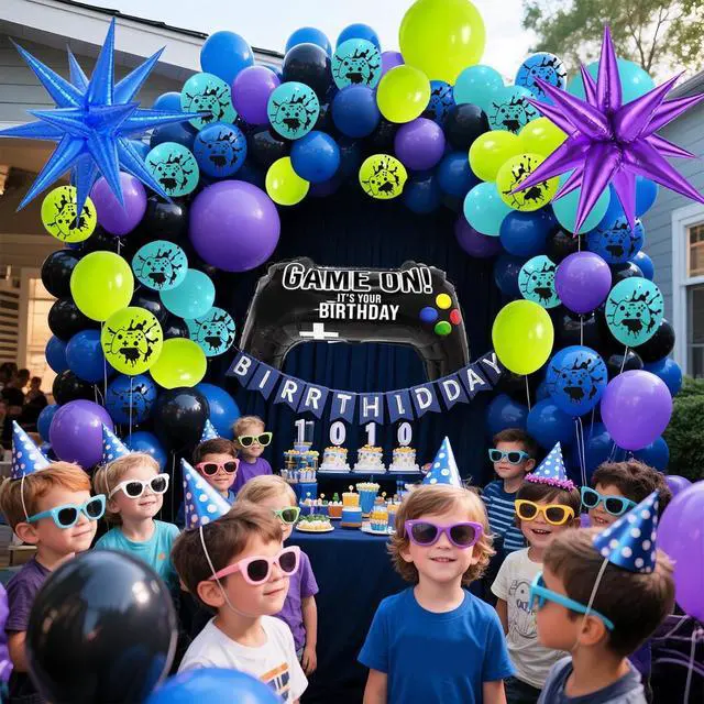 Alt view image 2 of 6 - 120 Pcs Video Game Balloon Garland Arch Kit, Black Blue Purple Light Green Balloons For Cartoon Gaming Night Themed Birthday Decorations Boys Kids Gatherings Party Supplies