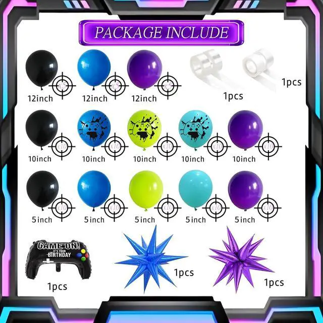 Alt view image 3 of 6 - 120 Pcs Video Game Balloon Garland Arch Kit, Black Blue Purple Light Green Balloons For Cartoon Gaming Night Themed Birthday Decorations Boys Kids Gatherings Party Supplies