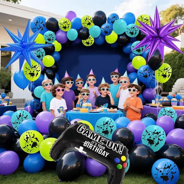 Alt view image 4 of 6 - 120 Pcs Video Game Balloon Garland Arch Kit, Black Blue Purple Light Green Balloons For Cartoon Gaming Night Themed Birthday Decorations Boys Kids Gatherings Party Supplies