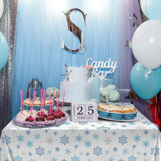Alt view image 4 of 6 - Christmas Snowflake Tablecloth Winter Wonderland Table Clothes Plastic Blue and White Winter Holiday Snowflake Table Cover for Christmas Holiday Birthday Party Supplies, 54 x 108 Inch(3 Pieces)