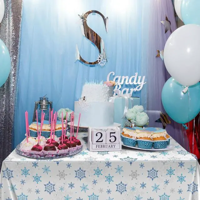Alt view image 6 of 6 - Christmas Snowflake Tablecloth Winter Wonderland Table Clothes Plastic Blue and White Winter Holiday Snowflake Table Cover for Christmas Holiday Birthday Party Supplies, 54 x 108 Inch(3 Pieces)