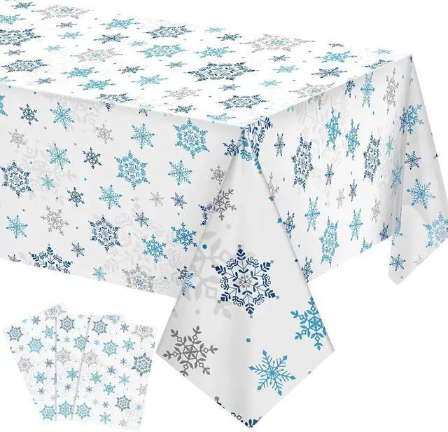 Main image of Christmas Snowflake Tablecloth Winter Wonderland Table Clothes Plastic Blue and White Winter Holiday Snowflake Table Cover for Christmas Holiday Birthday Party Supplies, 54 x 108 Inch(3 Pieces)