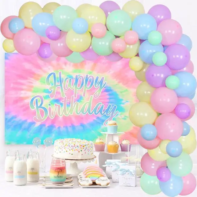 Main image of Tie Dye Birthday Decorations for Girls - Macaron Color Balloon Garland Kit With Happy Birthday Backdrop - Theme Party Supplies Set