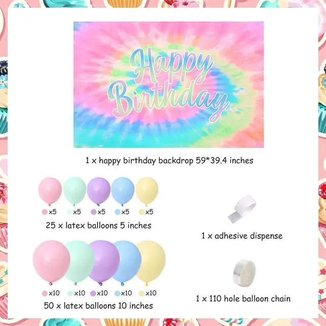 Alt view image 2 of 6 - Tie Dye Birthday Decorations for Girls - Macaron Color Balloon Garland Kit With Happy Birthday Backdrop - Theme Party Supplies Set