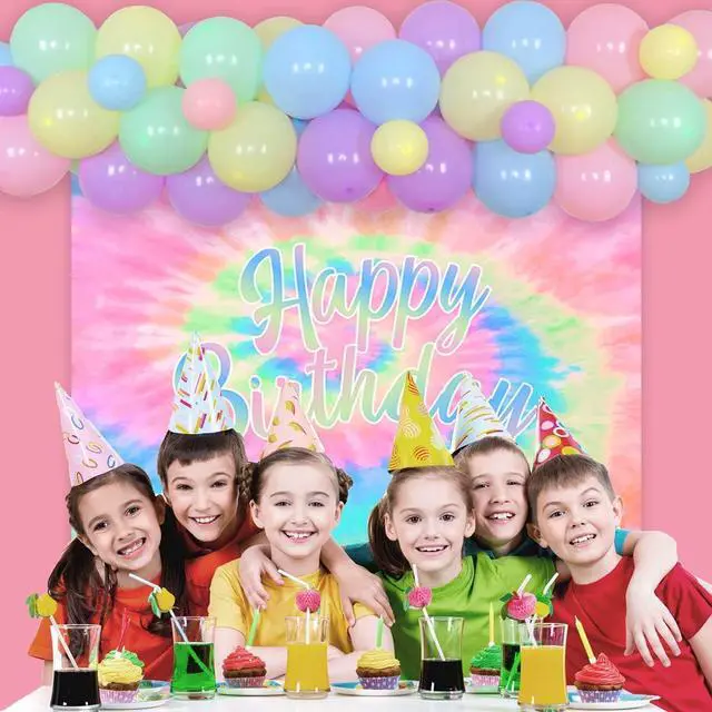Alt view image 3 of 6 - Tie Dye Birthday Decorations for Girls - Macaron Color Balloon Garland Kit With Happy Birthday Backdrop - Theme Party Supplies Set