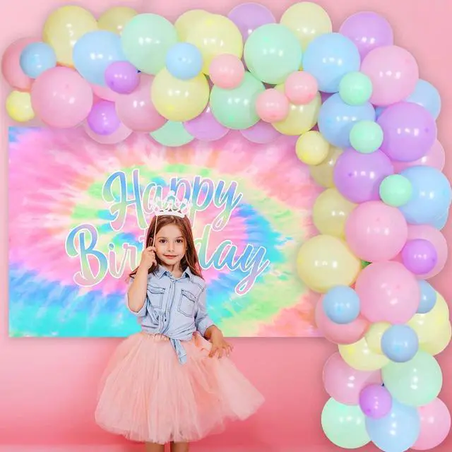 Alt view image 4 of 6 - Tie Dye Birthday Decorations for Girls - Macaron Color Balloon Garland Kit With Happy Birthday Backdrop - Theme Party Supplies Set