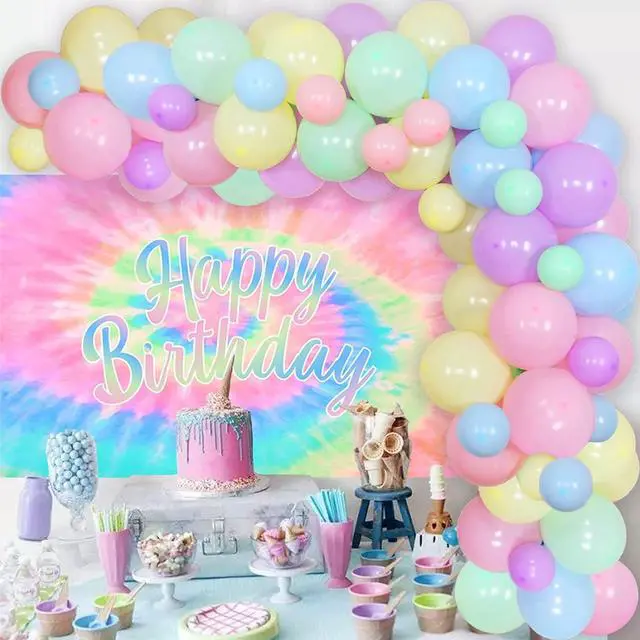 Alt view image 6 of 6 - Tie Dye Birthday Decorations for Girls - Macaron Color Balloon Garland Kit With Happy Birthday Backdrop - Theme Party Supplies Set