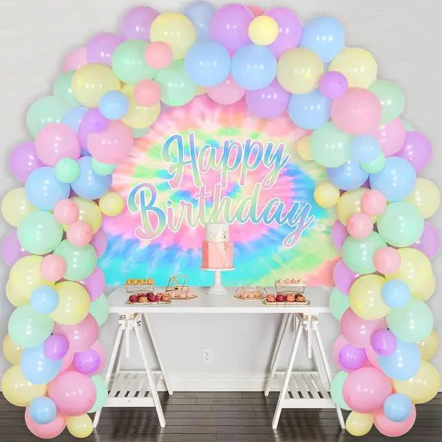 Alt view image 5 of 6 - Tie Dye Birthday Decorations for Girls - Macaron Color Balloon Garland Kit With Happy Birthday Backdrop - Theme Party Supplies Set