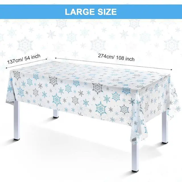 Alt view image 2 of 6 - Christmas Snowflake Tablecloth Winter Wonderland Table Clothes Plastic Blue and White Winter Holiday Snowflake Table Cover for Christmas Holiday Birthday Party Supplies, 54 x 108 Inch(3 Pieces)