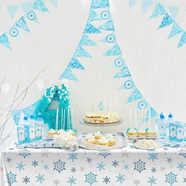 Alt view image 3 of 6 - Christmas Snowflake Tablecloth Winter Wonderland Table Clothes Plastic Blue and White Winter Holiday Snowflake Table Cover for Christmas Holiday Birthday Party Supplies, 54 x 108 Inch(3 Pieces)