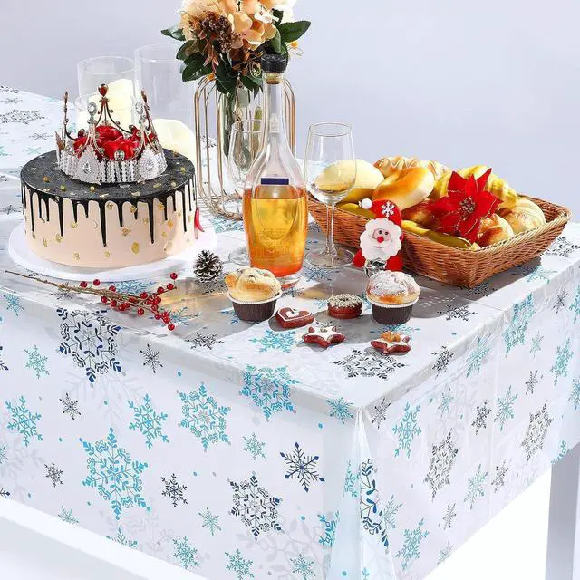 Alt view image 5 of 6 - Christmas Snowflake Tablecloth Winter Wonderland Table Clothes Plastic Blue and White Winter Holiday Snowflake Table Cover for Christmas Holiday Birthday Party Supplies, 54 x 108 Inch(3 Pieces)