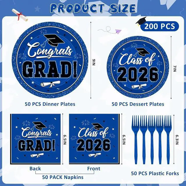 Alt view image 2 of 7 - 200Pcs Graduation Decorations 2026, Blue Graduation Plates and Napkins Party Supplies for 50 Guests, Disposable Grad Plates, Napkins, Dessert Plates and Forks for Grad Decor Wedding Birthday Supplies