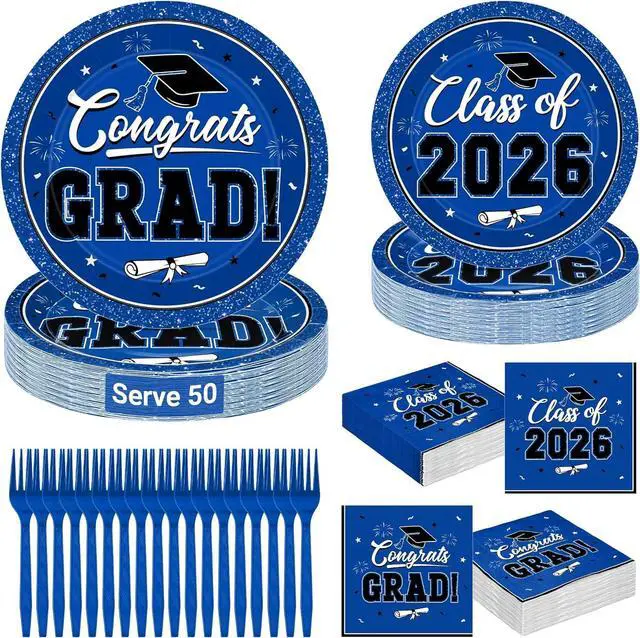 Main image of 200Pcs Graduation Decorations 2026, Blue Graduation Plates and Napkins Party Supplies for 50 Guests, Disposable Grad Plates, Napkins, Dessert Plates and Forks for Grad Decor Wedding Birthday Supplies