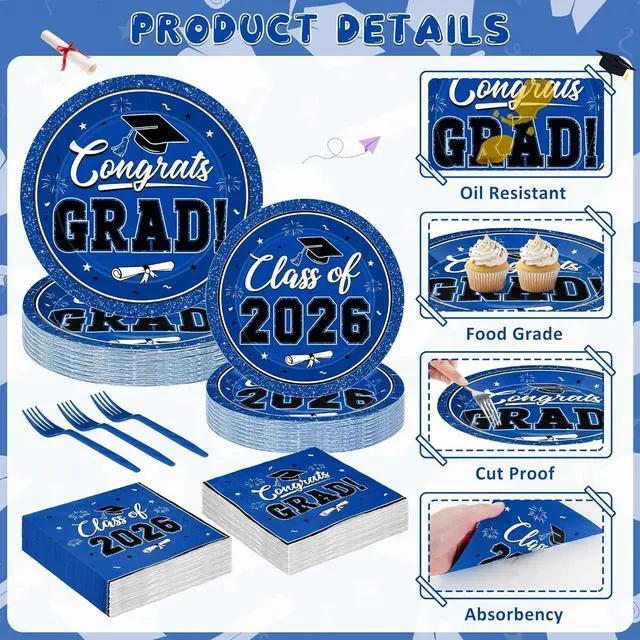 Alt view image 3 of 7 - 200Pcs Graduation Decorations 2026, Blue Graduation Plates and Napkins Party Supplies for 50 Guests, Disposable Grad Plates, Napkins, Dessert Plates and Forks for Grad Decor Wedding Birthday Supplies