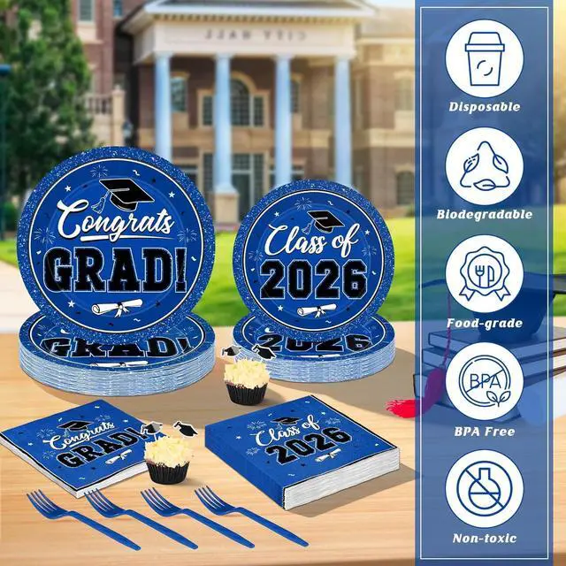 Alt view image 4 of 7 - 200Pcs Graduation Decorations 2026, Blue Graduation Plates and Napkins Party Supplies for 50 Guests, Disposable Grad Plates, Napkins, Dessert Plates and Forks for Grad Decor Wedding Birthday Supplies