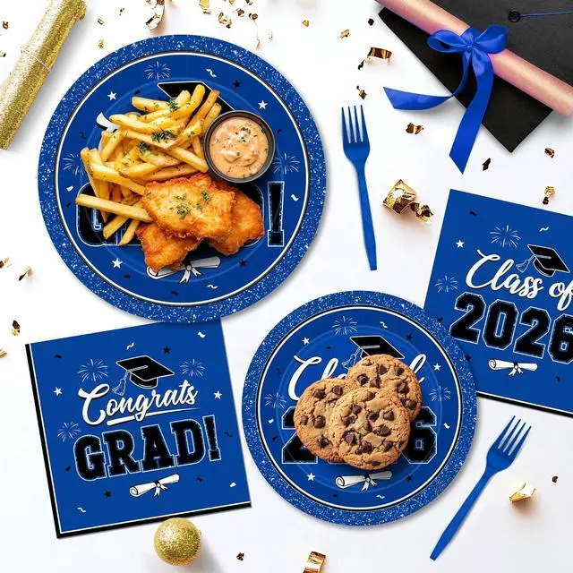 Alt view image 5 of 7 - 200Pcs Graduation Decorations 2026, Blue Graduation Plates and Napkins Party Supplies for 50 Guests, Disposable Grad Plates, Napkins, Dessert Plates and Forks for Grad Decor Wedding Birthday Supplies