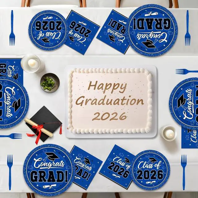 Alt view image 6 of 7 - 200Pcs Graduation Decorations 2026, Blue Graduation Plates and Napkins Party Supplies for 50 Guests, Disposable Grad Plates, Napkins, Dessert Plates and Forks for Grad Decor Wedding Birthday Supplies