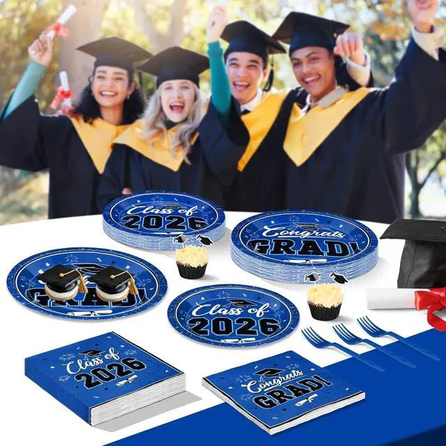 Alt view image 7 of 7 - 200Pcs Graduation Decorations 2026, Blue Graduation Plates and Napkins Party Supplies for 50 Guests, Disposable Grad Plates, Napkins, Dessert Plates and Forks for Grad Decor Wedding Birthday Supplies