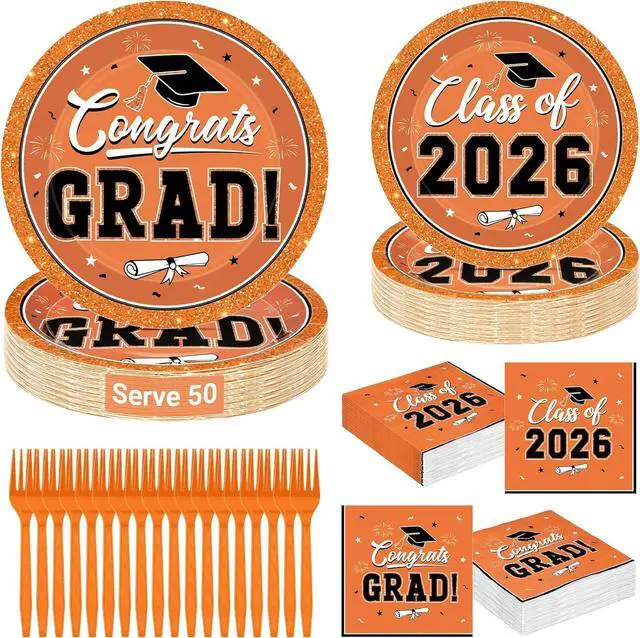 Main image of QZYL 50 Set Graduation Supplies 2026, Orange Graduation Plates and Napkins, Disposable Dessert Plates and Plastic Forks, 200Pcs Grad Party Tableware for Wedding, Birthday, Graduation
