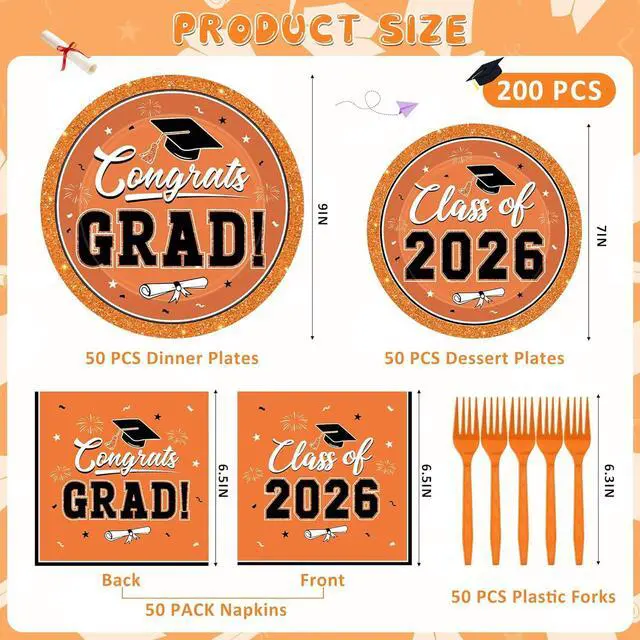 Alt view image 2 of 7 - QZYL 50 Set Graduation Supplies 2026, Orange Graduation Plates and Napkins, Disposable Dessert Plates and Plastic Forks, 200Pcs Grad Party Tableware for Wedding, Birthday, Graduation