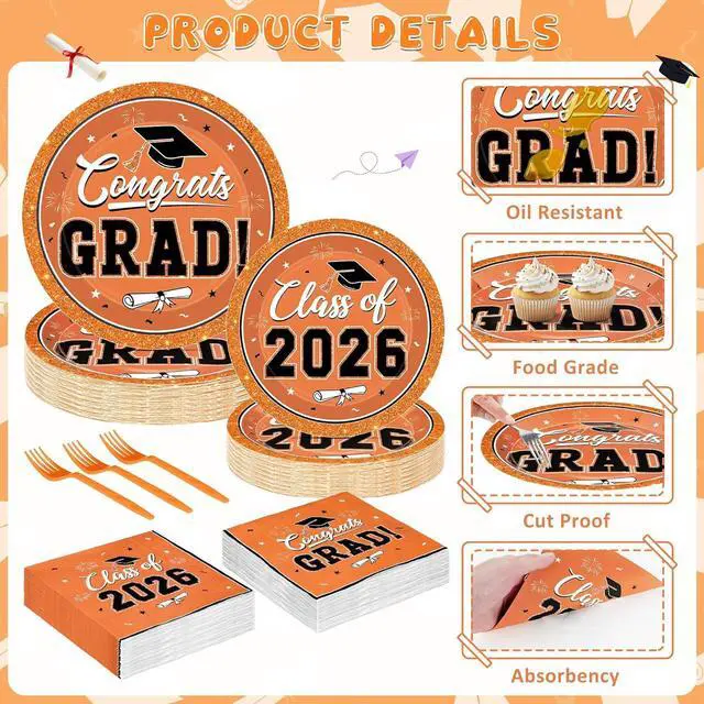 Alt view image 3 of 7 - QZYL 50 Set Graduation Supplies 2026, Orange Graduation Plates and Napkins, Disposable Dessert Plates and Plastic Forks, 200Pcs Grad Party Tableware for Wedding, Birthday, Graduation