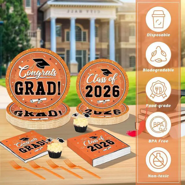 Alt view image 4 of 7 - QZYL 50 Set Graduation Supplies 2026, Orange Graduation Plates and Napkins, Disposable Dessert Plates and Plastic Forks, 200Pcs Grad Party Tableware for Wedding, Birthday, Graduation