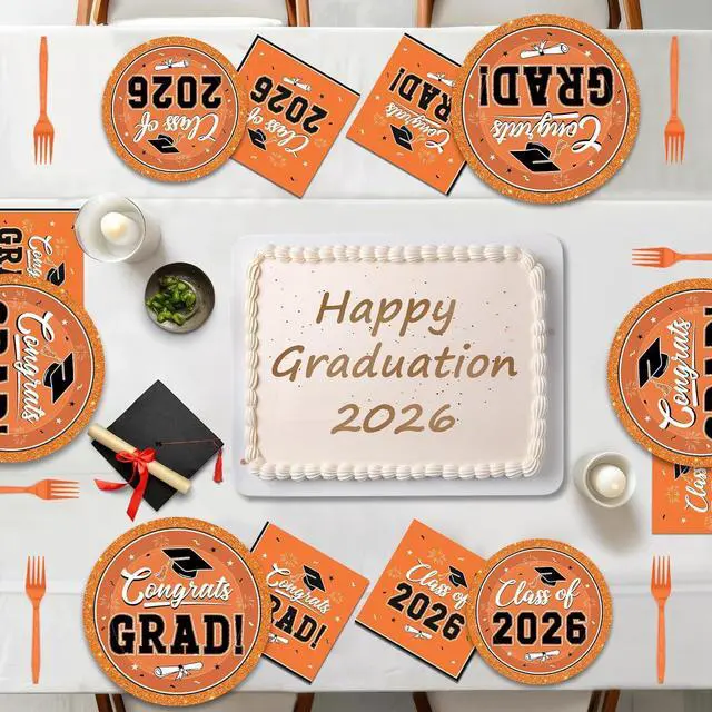 Alt view image 5 of 7 - QZYL 50 Set Graduation Supplies 2026, Orange Graduation Plates and Napkins, Disposable Dessert Plates and Plastic Forks, 200Pcs Grad Party Tableware for Wedding, Birthday, Graduation