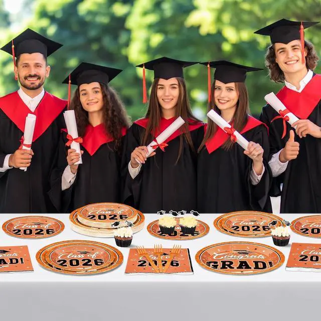 Alt view image 6 of 7 - QZYL 50 Set Graduation Supplies 2026, Orange Graduation Plates and Napkins, Disposable Dessert Plates and Plastic Forks, 200Pcs Grad Party Tableware for Wedding, Birthday, Graduation