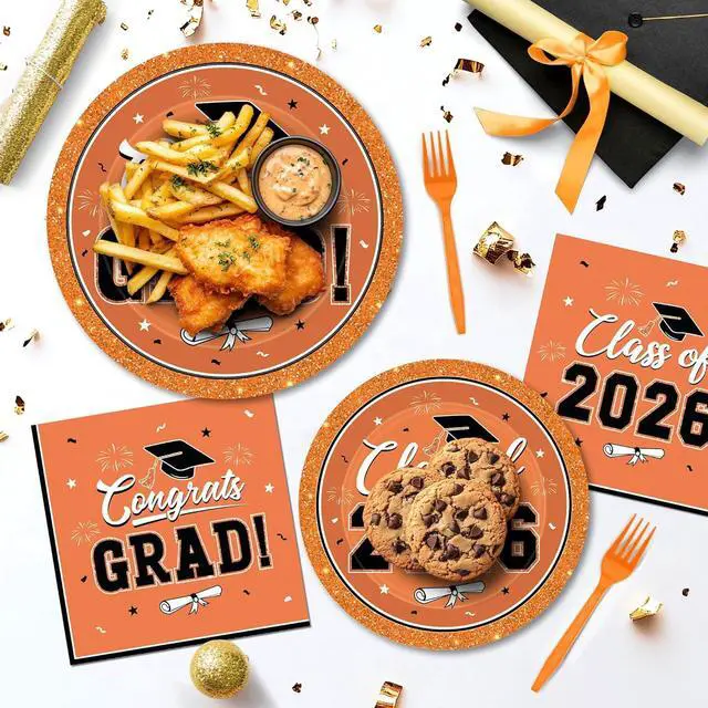 Alt view image 7 of 7 - QZYL 50 Set Graduation Supplies 2026, Orange Graduation Plates and Napkins, Disposable Dessert Plates and Plastic Forks, 200Pcs Grad Party Tableware for Wedding, Birthday, Graduation
