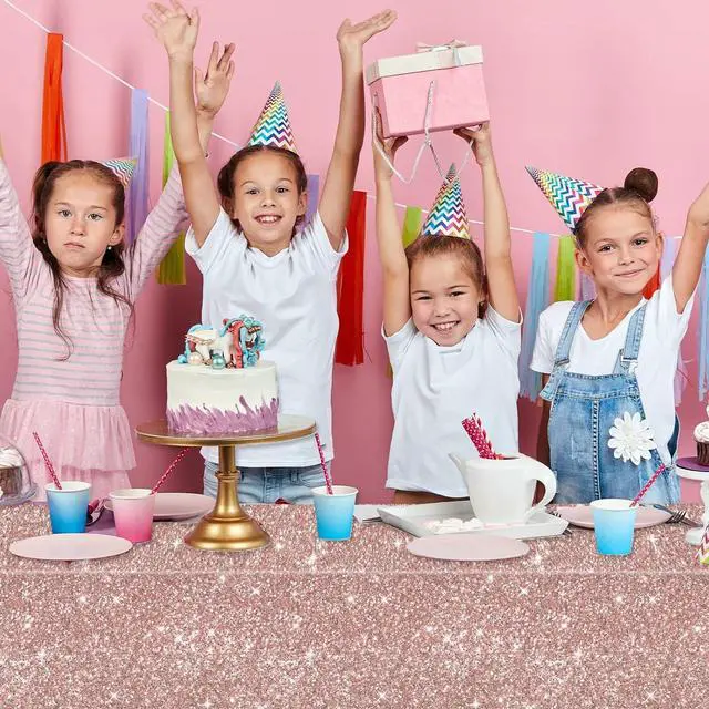 Alt view image 5 of 7 - gisgfim 3pcs Pink Rose Golden Birthday Party Tablecloths Rose Gold Sequin Plastic Table Cover Glitter Diamonds Happy Birthday Background Girls for Wedding, Graduation, Anniversary, Holiday(Plastic)