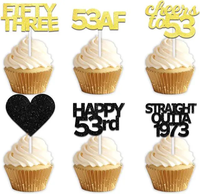 Main image of 18pcs Black Gold Glitter Dessert Cupcake Pick for Straight Outta 1973 Cheer to 53rd Years Old Theme Decor Supplies Happy 53rd Birthday Party Decoration