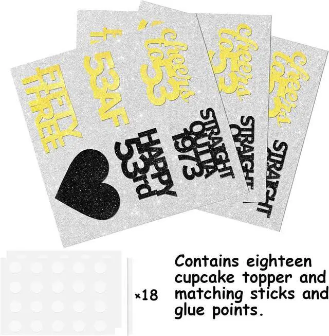 Alt view image 3 of 7 - 18pcs Black Gold Glitter Dessert Cupcake Pick for Straight Outta 1973 Cheer to 53rd Years Old Theme Decor Supplies Happy 53rd Birthday Party Decoration