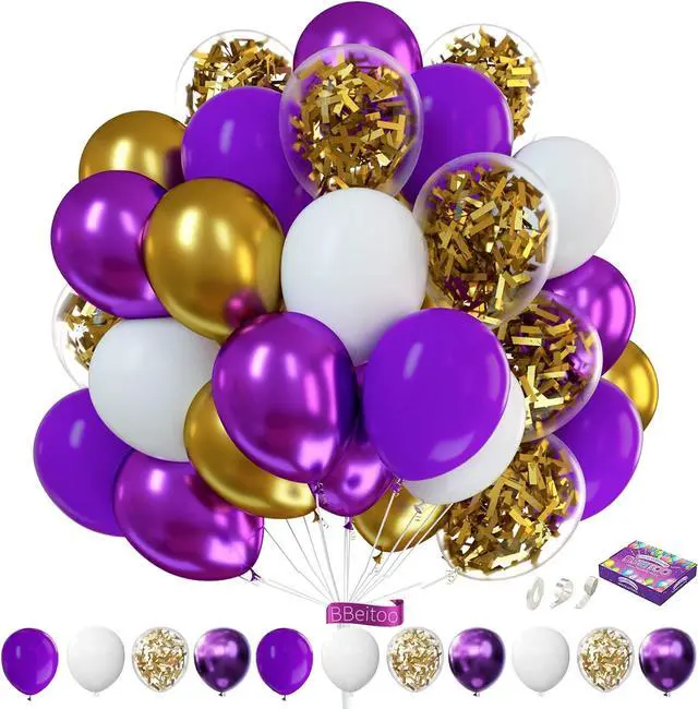 Main image of 73-Pack 12 Inch Purple and Gold Balloons - Dark Purple, Metallic Gold & White Confetti Balloons for Graduation Decorations, Birthday Party Supplies, Anniversary Celebration