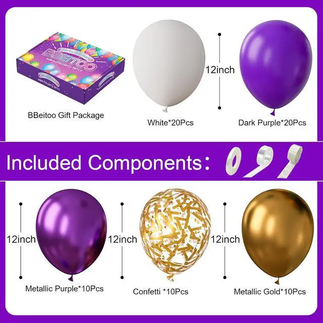 Alt view image 4 of 7 - 73-Pack 12 Inch Purple and Gold Balloons - Dark Purple, Metallic Gold & White Confetti Balloons for Graduation Decorations, Birthday Party Supplies, Anniversary Celebration