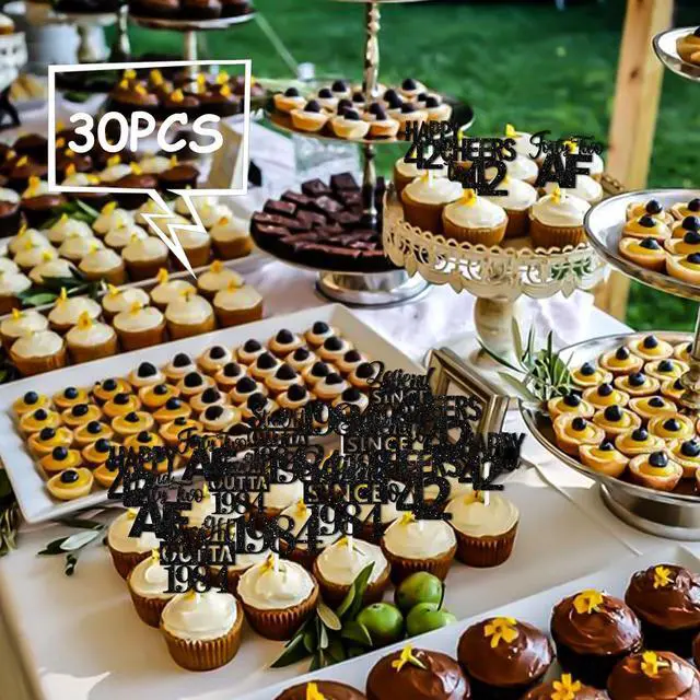 Alt view image 6 of 7 - 30pcs Black Glitter Dessert Cupcake Pick for Straight Outta 1984 Legend Since 1984 Theme Decor Supplies Men Boys Happy 42nd Birthday Party Decoration