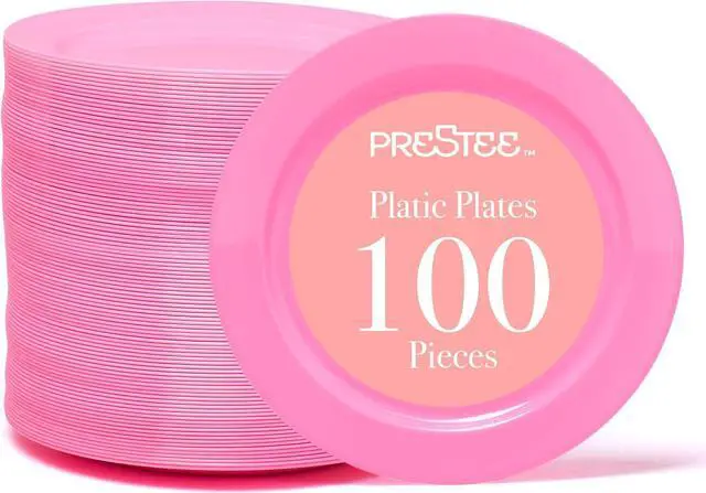 Main image of Prestee Pink Plastic Plates 6.25" 100 Pack Disposable Party Plates for Wedding, Events, Parties Elegant Pink Plastic Plates for Party, Fancy Disposable Dinnerware for Desserts, Salad