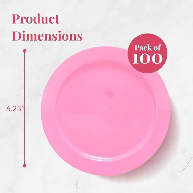 Alt view image 3 of 6 - Prestee Pink Plastic Plates 6.25" 100 Pack Disposable Party Plates for Wedding, Events, Parties Elegant Pink Plastic Plates for Party, Fancy Disposable Dinnerware for Desserts, Salad