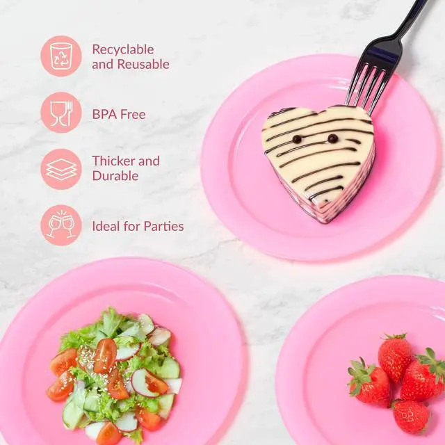 Alt view image 5 of 6 - Prestee Pink Plastic Plates 6.25" 100 Pack Disposable Party Plates for Wedding, Events, Parties Elegant Pink Plastic Plates for Party, Fancy Disposable Dinnerware for Desserts, Salad