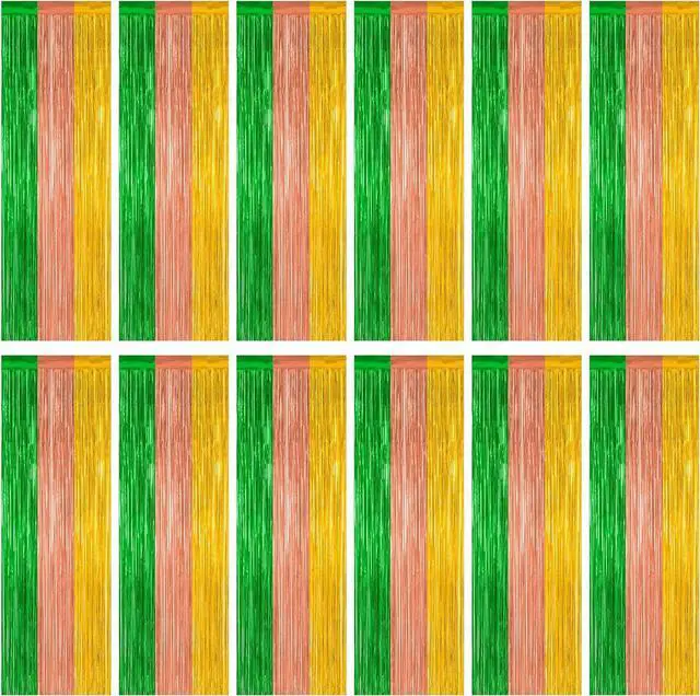 Main image of 12 Pack Hawaiian Party Decorations, 3.28 FT x 7.05 FT Luau Party Decorations, Green Brown Yellow Luau Backdrop Fringe Curtains Foil Streamer, Metallic Summer Decor Luau Party Supplies