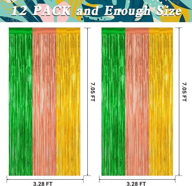 Alt view image 2 of 7 - 12 Pack Hawaiian Party Decorations, 3.28 FT x 7.05 FT Luau Party Decorations, Green Brown Yellow Luau Backdrop Fringe Curtains Foil Streamer, Metallic Summer Decor Luau Party Supplies