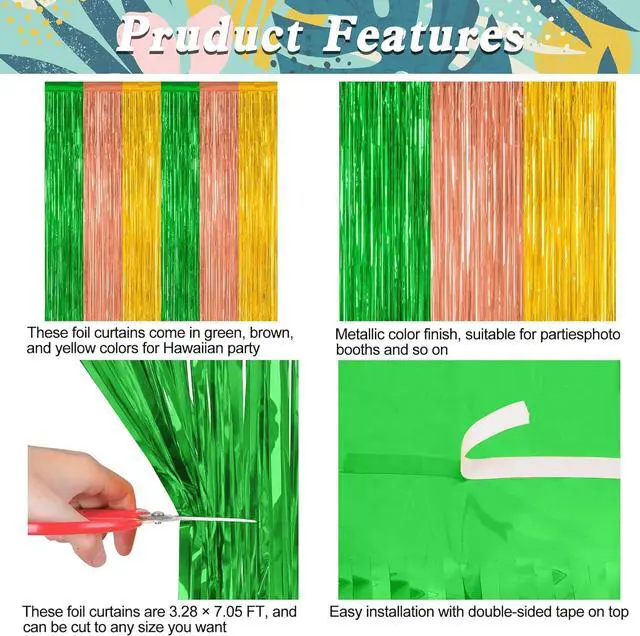 Alt view image 4 of 7 - 12 Pack Hawaiian Party Decorations, 3.28 FT x 7.05 FT Luau Party Decorations, Green Brown Yellow Luau Backdrop Fringe Curtains Foil Streamer, Metallic Summer Decor Luau Party Supplies