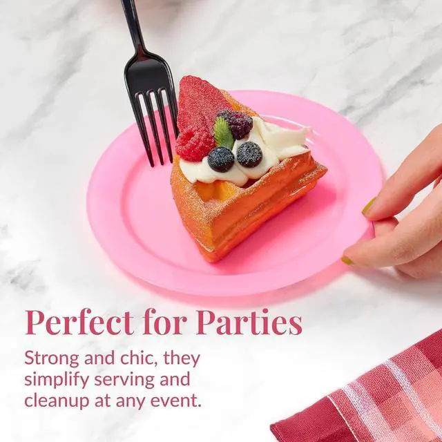 Alt view image 6 of 6 - Prestee Pink Plastic Plates 6.25" 100 Pack Disposable Party Plates for Wedding, Events, Parties Elegant Pink Plastic Plates for Party, Fancy Disposable Dinnerware for Desserts, Salad