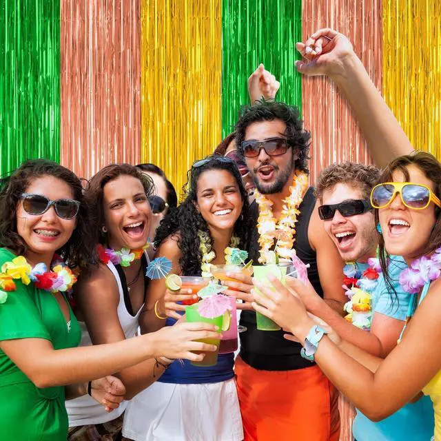 Alt view image 6 of 7 - 12 Pack Hawaiian Party Decorations, 3.28 FT x 7.05 FT Luau Party Decorations, Green Brown Yellow Luau Backdrop Fringe Curtains Foil Streamer, Metallic Summer Decor Luau Party Supplies