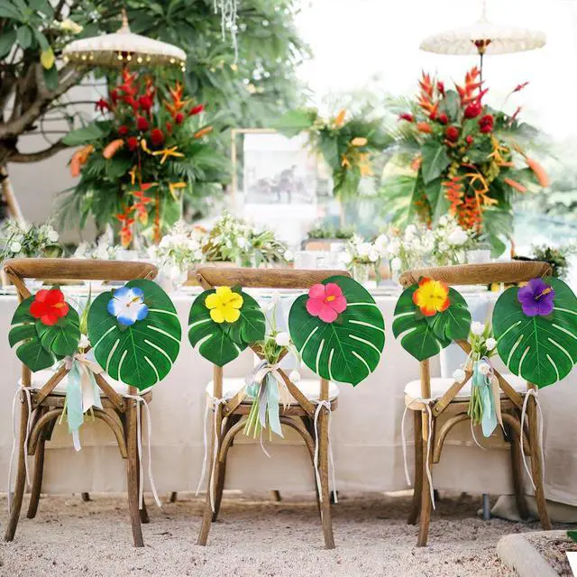 Alt view image 5 of 7 - 126Pcs Luau Party Decorations Supplies Tropical Palm Leaves Hibiscus Flowers Simulation Artificial Leaf for Hawaiian Luau Safari Parties Jungle Beach Theme BBQ Birthday Party Decorations Table Décor