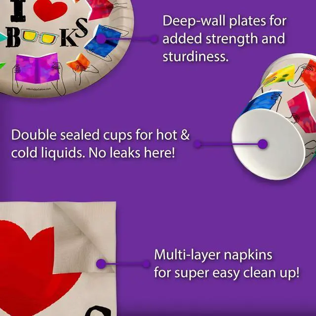 Alt view image 5 of 7 - Birthday Galore Book Club Birthday Themed Party Supplies for Kids and Adults - Ideal Celebration Tableware Set with Plates, Napkins, & Cups Quick Colorful Setup Decoration For All Events - Kit for 16